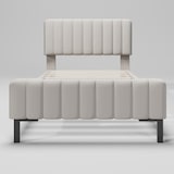 thumbnail of Polsterbett Einzelbett 90×200 mit verstellbarem Kopfteil, gepolstert, Leinenbezug, Massivholz und Metallrahmen, Schlafzimmer, Gästezimmer, Grau-Beige