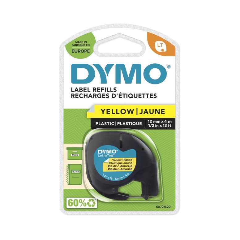 Dymo LetraTag S0721620 Ruban d'étiquettes ORIGINAL pour Feutre - Texte noir sur fond jaune - Largeur 12mm x 4 mètres (91202)