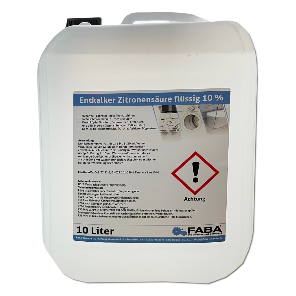 Entkalker flüssig 10 Liter, vielseitig anwendbar, Kaffeevollautomat, Zitronensäure 10%