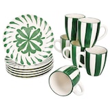 thumbnail of 12tlg Frühstücksset Wald grün Steingut 6 Personen Teller Becher Zweige Streifen