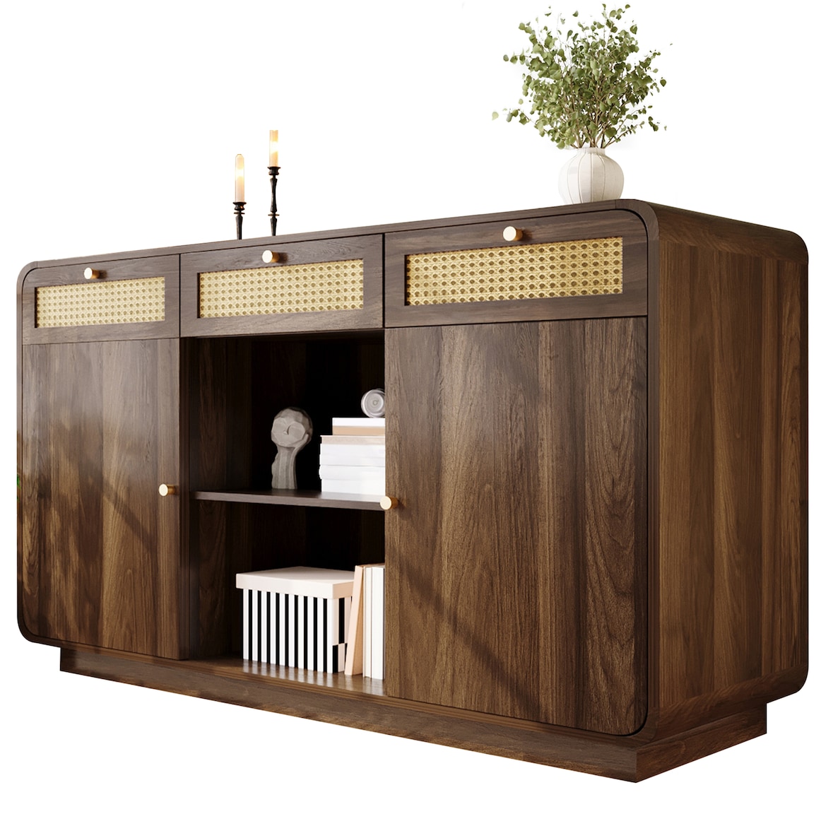 Sideboard Kommode Nussbaum 120x40x85 cm mit Rattanfronten 3 Schubladen 2 Schranktüren offenes Regal höhenverstellbare Böden