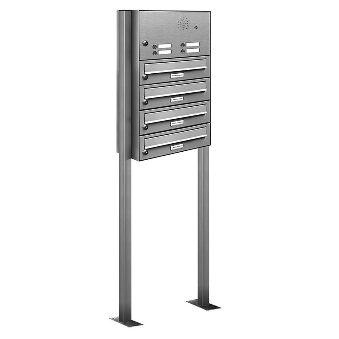AL Briefkastensysteme 4 Fächer Premium Edelstahl Stand Briefkasten Anlage mit Klingeln, Post A4, modern, robust, wetterfest, Artikelnummer: 132V4S1KS