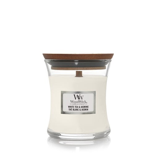 WoodWick knisternde Kerze White Tea Jasmine Medium bis zu 60 Std Brenndauer, mit knisternden Docht