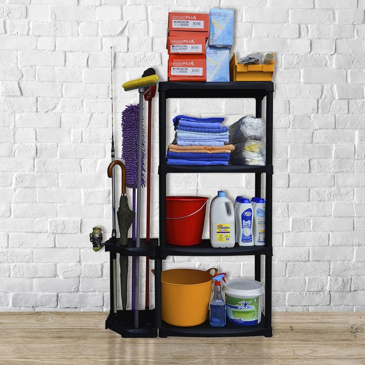 4-laags opbergplank + bezemhouder, zwart, polypropyleen, zware kwaliteit, garage, wasruimte, kunstplastic