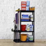 thumbnail of 4-laags opbergplank + bezemhouder, zwart, polypropyleen, zware kwaliteit, garage, wasruimte, kunstplastic