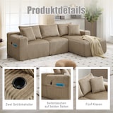 thumbnail of Merax Modulares Cord-Sofa Set – 2-Sitzer mit Chaiselongue, 5 Kissen, Seitentaschen & Getränkehalter, Khaki