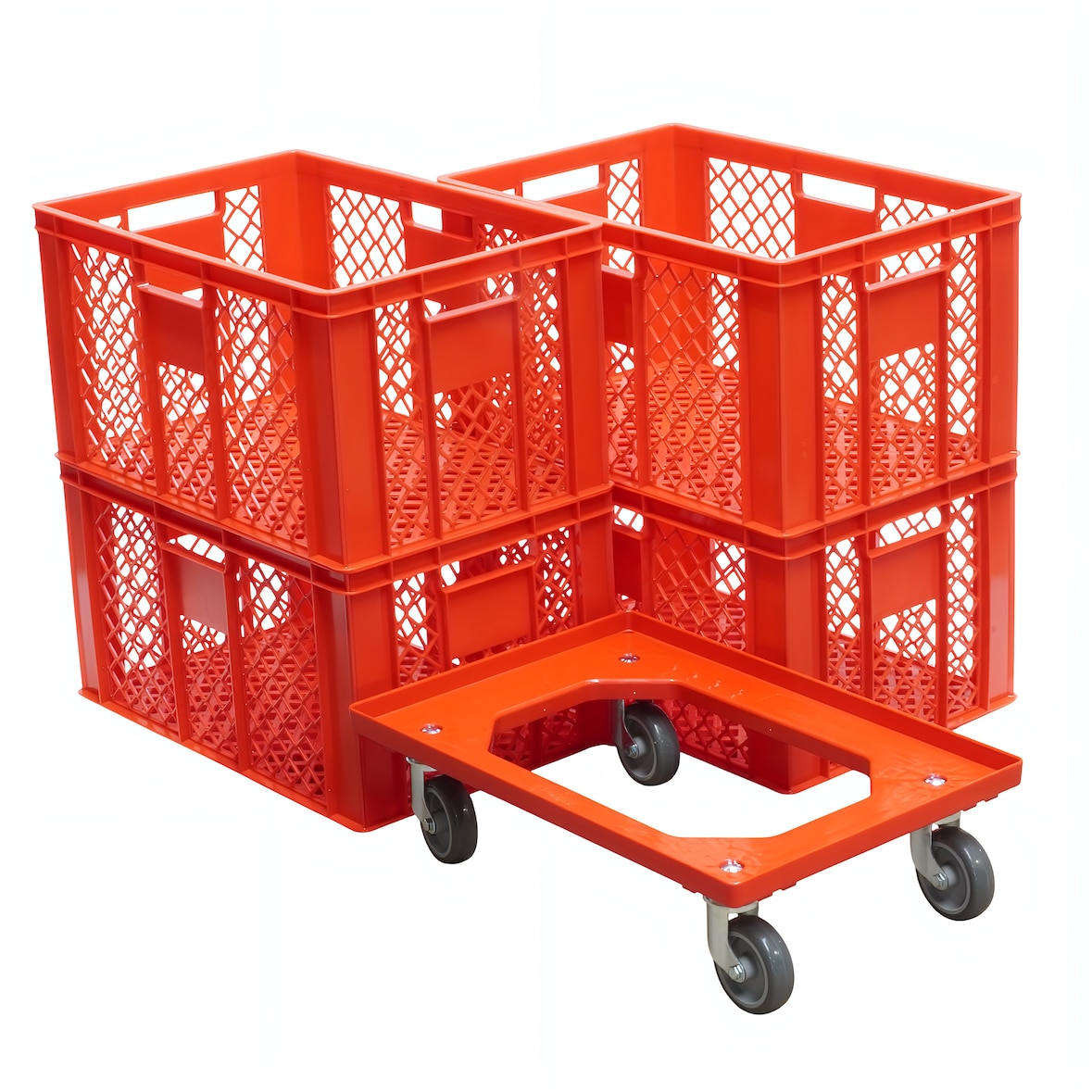 4 Stück Bäckerkisten 600 x 400 x 320 mm + 1 Transportroller in Rot