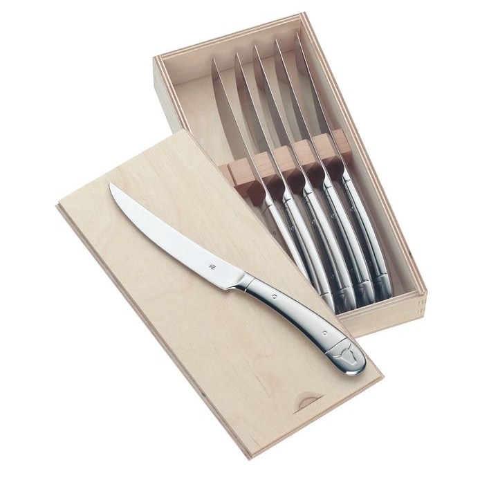 WMF Steakmesser Set 6-teilig, Cromargan Edelstahl poliert, Wellenschliff, spülmaschinengeeignet, in Holzbox