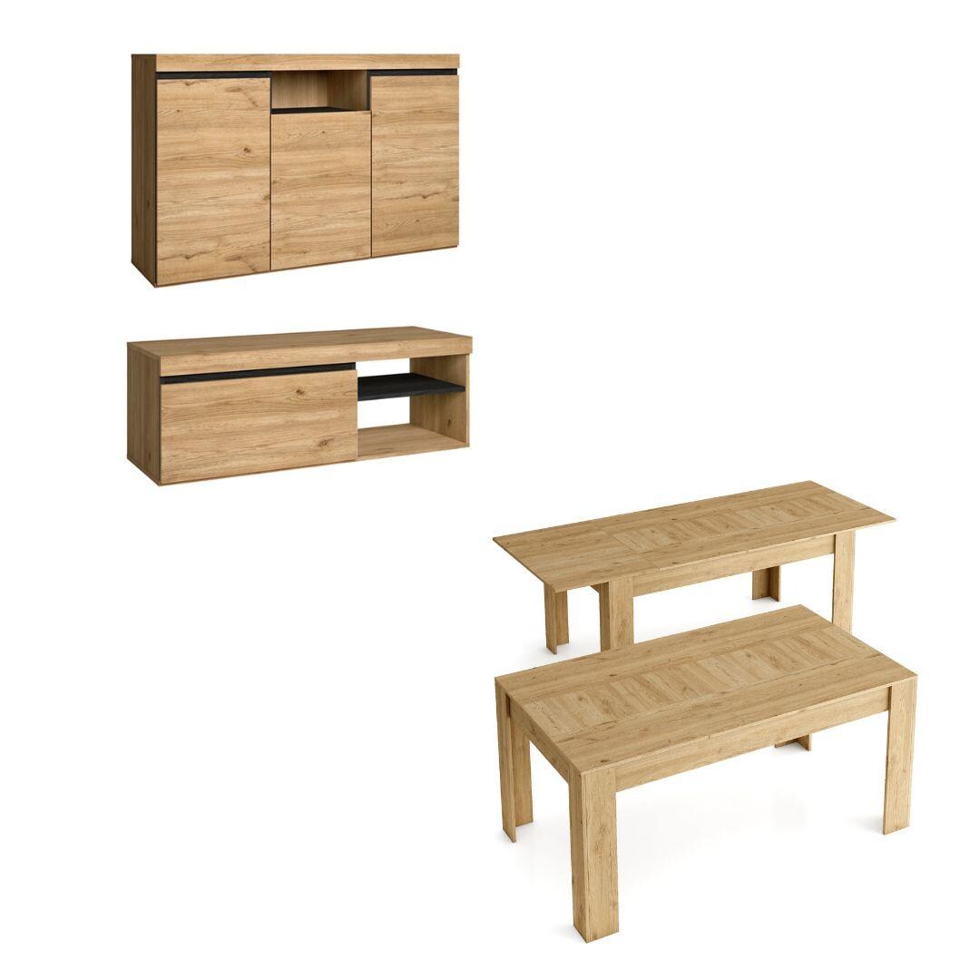 Conjunto NATURALE salón Comedor, Mueble Auxiliar,  buffet-mueble tv 120cm-mesa extensible roble negro nórdico _ SETNAT120EXT