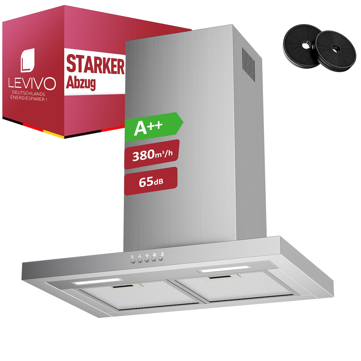 A++ Dunstabzugshaube 60cm Umluft & Abluft mit 380 m³/h Luftleistung, Abzugshaube mit 2 Aktivkohlefiltern, 2 Fettfiltern, 3 Leistungsstufen, 2 LEDs