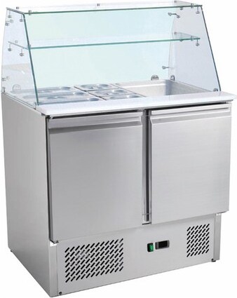 Gastro Kühltisch Saladette Edelstahl | Glasaufsatz | 213 L | 2 Türen | Kühltheke