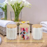 thumbnail of Relaxdays Wattestäbchenbehälter mit Tablett, 3 Becher m. Deckel, Kosmetik Organizer Kunststoff/Bambus, transparent/natur