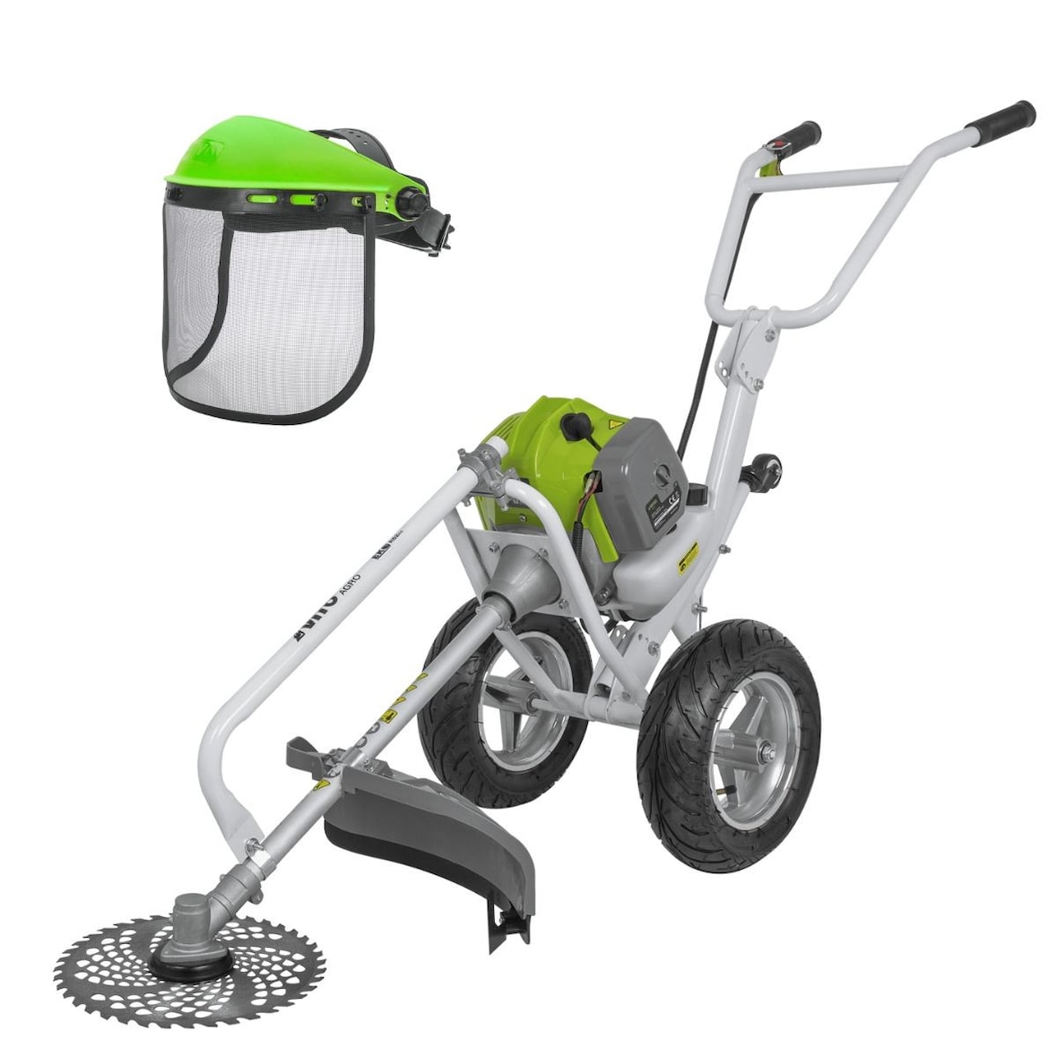 Débroussailleuse Thermique 52cm³ à Roues Lame Ø 255 mm + Casque de sécurité Grillagé VITO