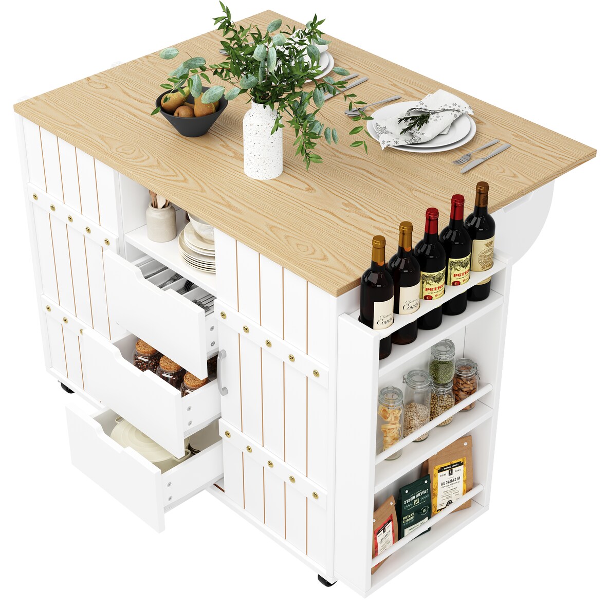 Küchenwagen Kücheninsel 90x110x70 cm Weiß mit klappbarer Tischplatte, Schiebetüren, 3 Schubladen, Rollen und verstellbaren Einlegeböden