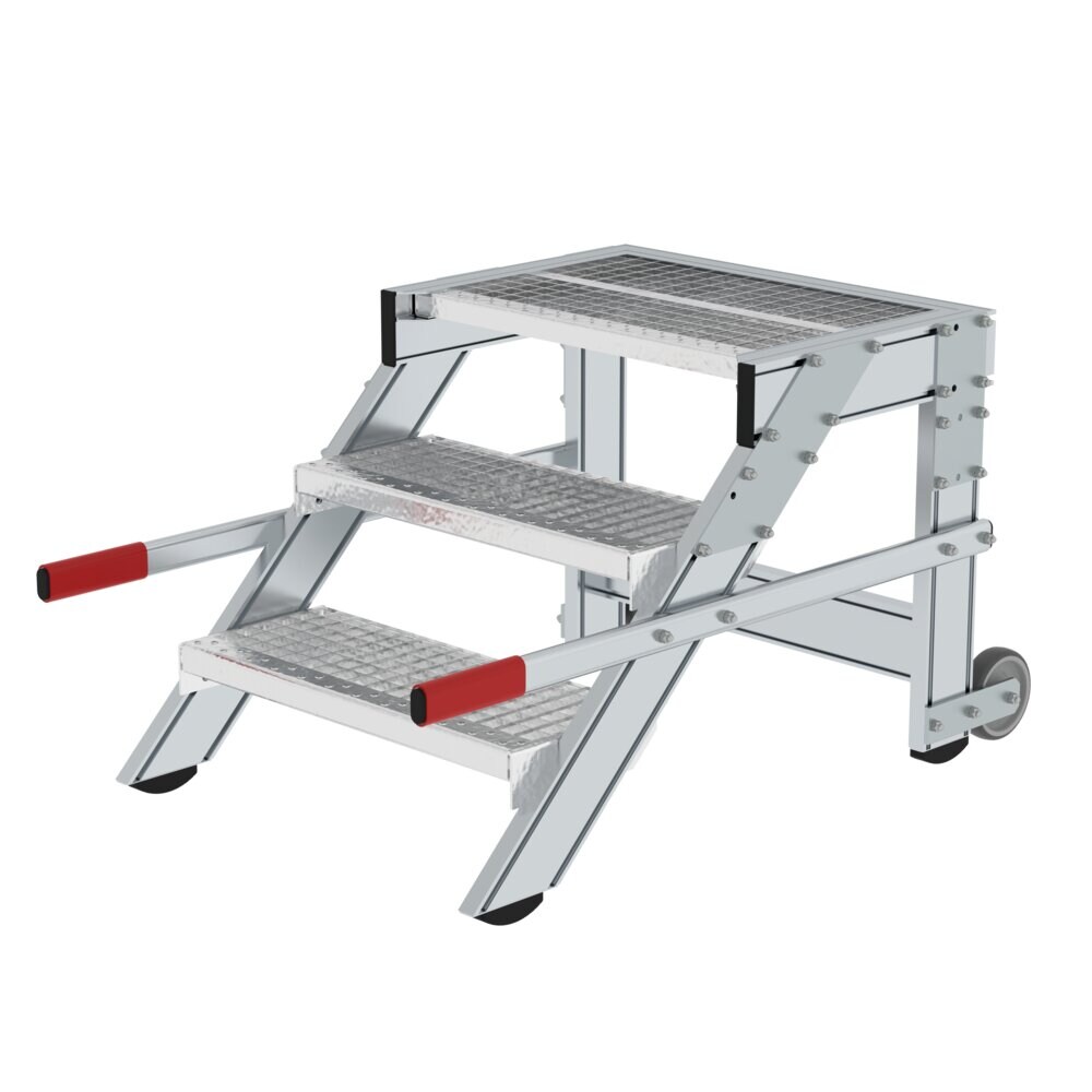 PROREGAL Arbeitspodest fahrbar | Stufenbreite 60cm | 3 Stufen | Stahl-Gitterros | Rutschfeste Kunststoffschuhe