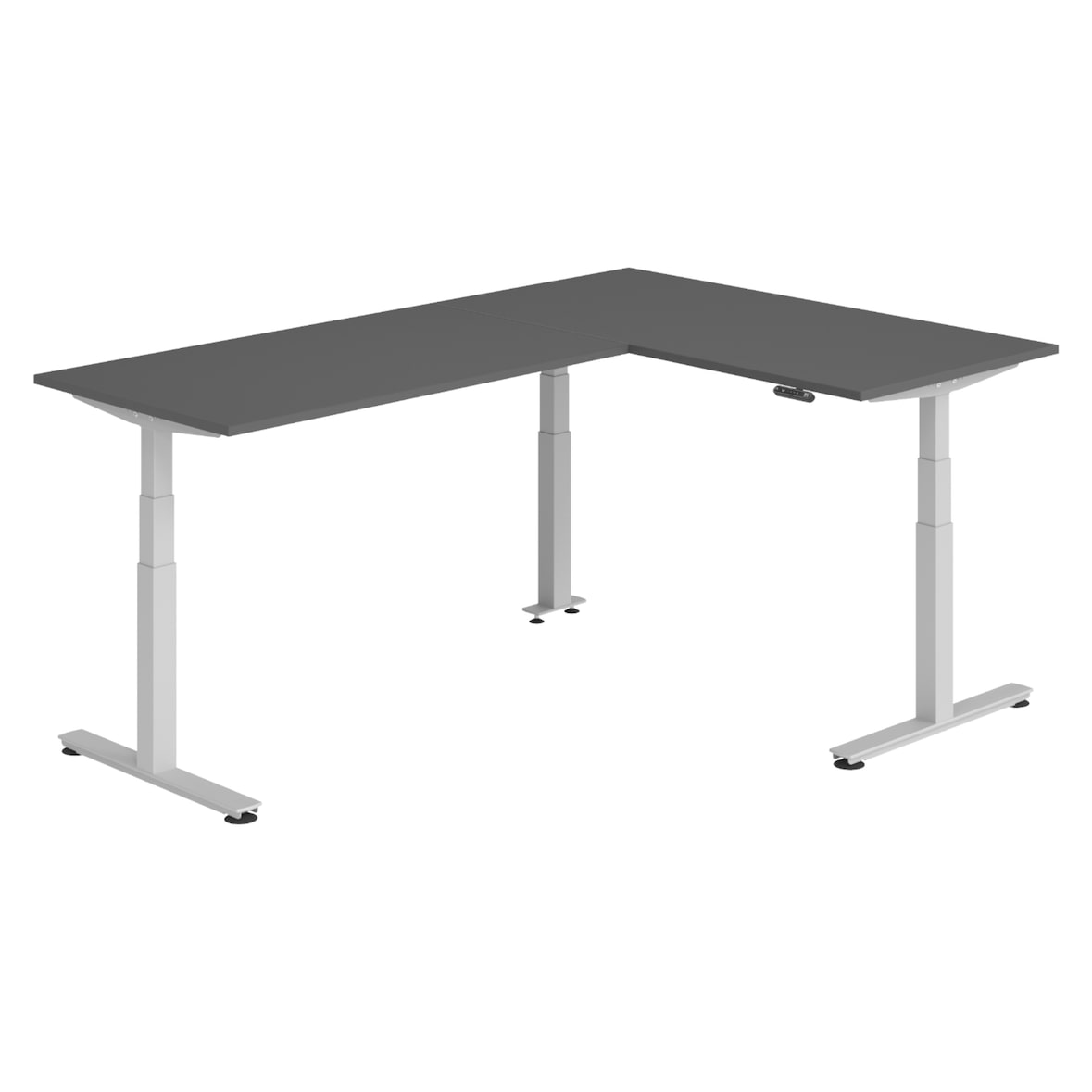 bümö Eckschreibtisch elektrisch höhenverstellbar L-Form: 160 x 240 cm in graphit, Gestell silber - Stehschreibtisch mit Memory-Steuerung,