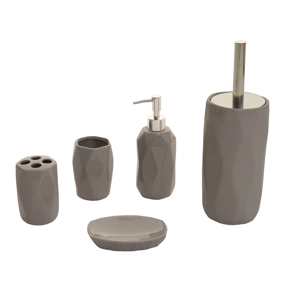5-delige badkamerset HWC-H88, WC-set Badkameraccessoires, keramiek ~ grijs