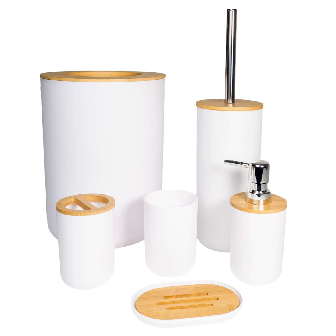 Badezimmer Zubehör Set aus Bambus Kunststoff in Weiß - 6 teiliges Set Zahnputzbecher Seifenschale Seifenspender Toilettenbürste Halterung Mülleimer