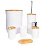 thumbnail of Badezimmer Zubehör Set aus Bambus Kunststoff in Weiß - 6 teiliges Set Zahnputzbecher Seifenschale Seifenspender Toilettenbürste Halterung Mülleimer