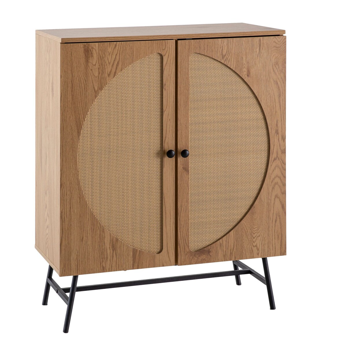 Sideboard 80x103x39 cm Highboard Eiche-Dekor mit Rattan Geflecht Modern, Hoher Kommodenschrank, Standschrank mit 2 Türen, Kommode Anrichte