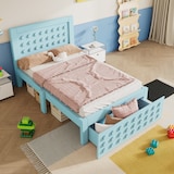 thumbnail of Einzelbett 90x200 aus Massivholz mit Stauraum und Schublade, Holzbett im kreativen Blockdesign, stabiles Bett mit Lattenrost, modernes Design Blau