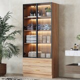 thumbnail of Badezimmerschrank mit Lichtleiste 75x40x190 cm, 2 großen Schubladen und 2 Türen, Glasfront, modernes Design, braun