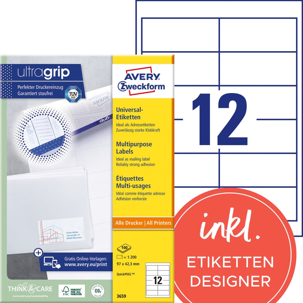 Avery Zweckform 3659 Universal-Etiketten, A4 mit ultragrip, Adressaufkleber, 97 x 42,3 mm, 100 Bogen/1.200 Etiketten, weiß