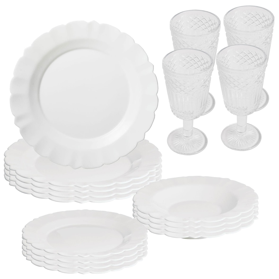 San Ignacio – 12-teiliges Geschirrset aus Opalglas Weiß mit 4 Gläsern aus Kristallglas à 300 ml