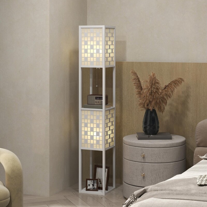 Ein weißer Stehlampe mit Regalen.