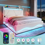 thumbnail of Polsterbett 160x200 mit LED, USB-Anschlüssen und Stauraum im Kopfteil – multifunktionales Design in Beige, Samtbezug