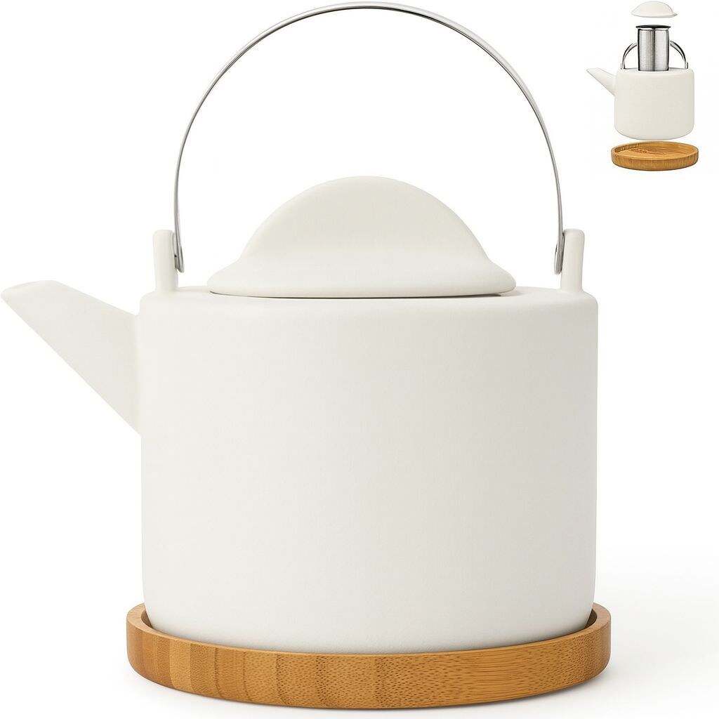 Trendy Porseleinen Theepot 1200 ml – Met Uitneembare RVS Theezeef & Bamboe Onderzetter – Voor Losse Thee – Mat Wit