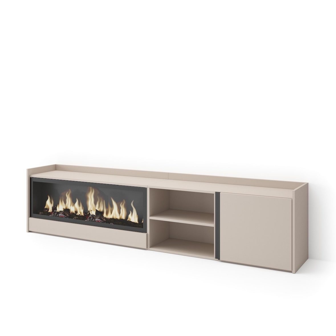 TV-Schrank, Lowboard, 212x50x35 cm, Für TV-Geräte bis zu 80", Elektrokamin XXL, Beige