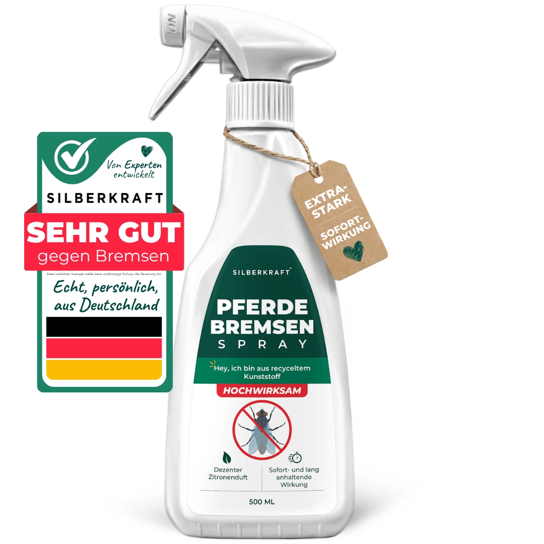 Silberkraft Bremsenspray für Pferde – Pferdespray gegen Bremsen, Fliegen & Mücken für Weide, Stall & Ausritt – 500 ml Sprühflasche