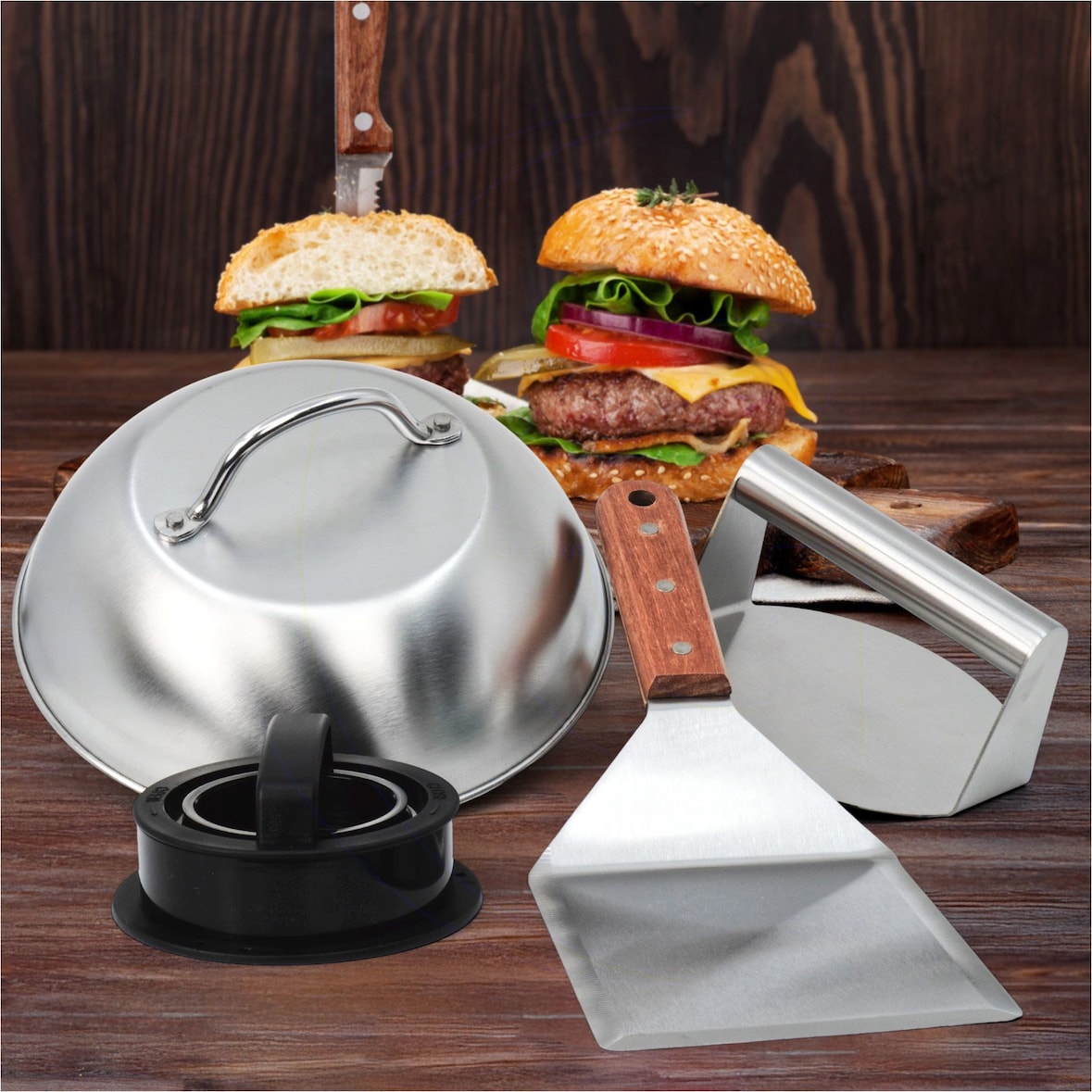 Smash-Burger Maker Set 4-teilig mit Haube, Pressen und BBQ-Wender
