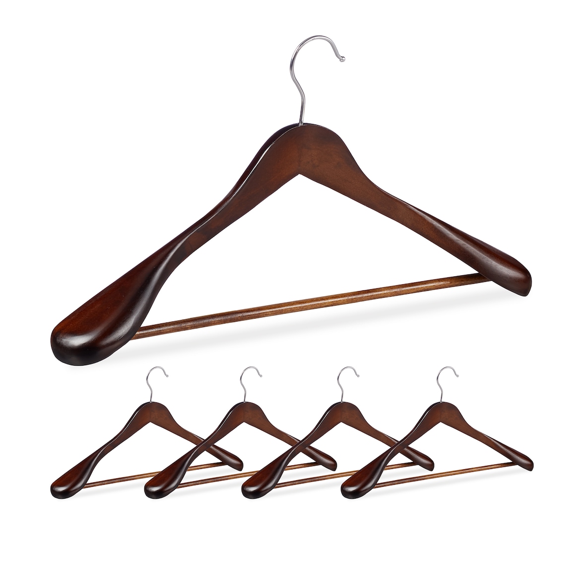 Relaxdays Anzug Kleiderbügel, 5er Set, breite Schulter, 360° drehbarer Haken, mit Hosenstange, Holzkleiderbügel, braun