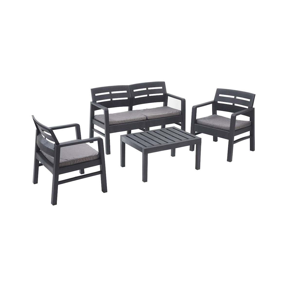 Dmora Set salotto da esterno Massa, Set da giardino con 2 poltrone, 1 divano ed 1 tavolino, 100% Made in Italy, Antracite