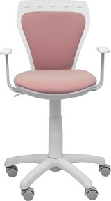 Uma cadeira de escritório branca com estofamento rosa.