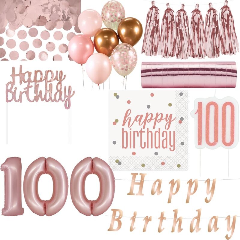 Party decorations with balloons and number 100.