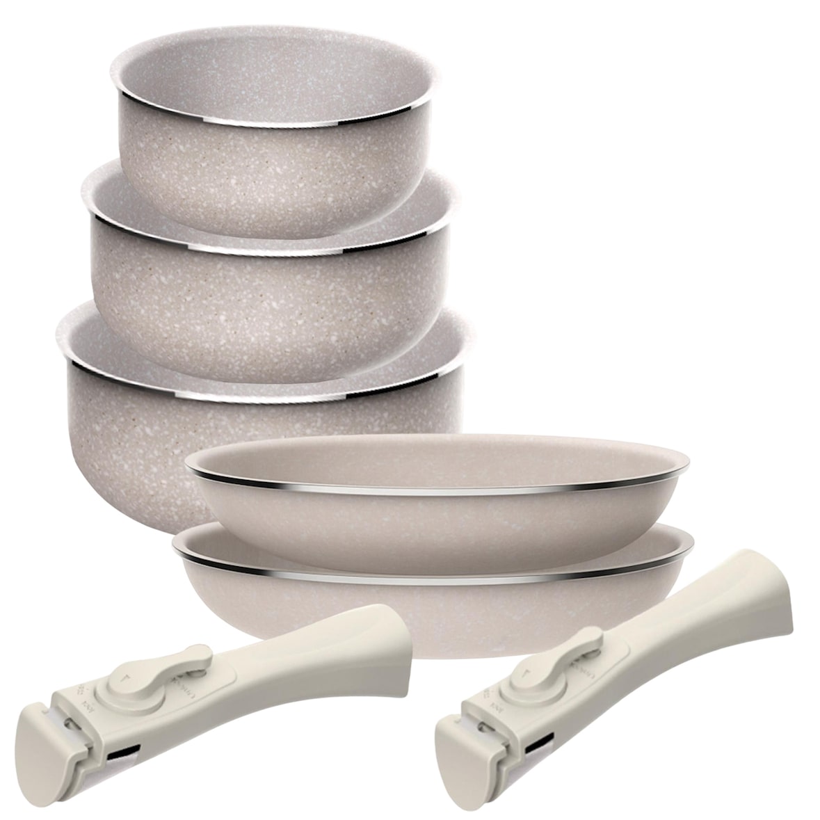 San Ignacio - Juego de Sartenes Ø24/28cm con Cacerolas Ø16/18/20cm aluminio prensado antiadherente ILAG, mango extraíble, inducción, sin PFOA