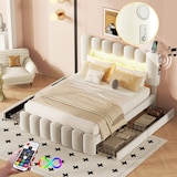thumbnail of Merax 140 x 200 Polsterbett, Polsterbett mit 4 Schubladen, Polsterbet Bett mit LED-Lichtleiste mit USB und Stereoanlage, Beige