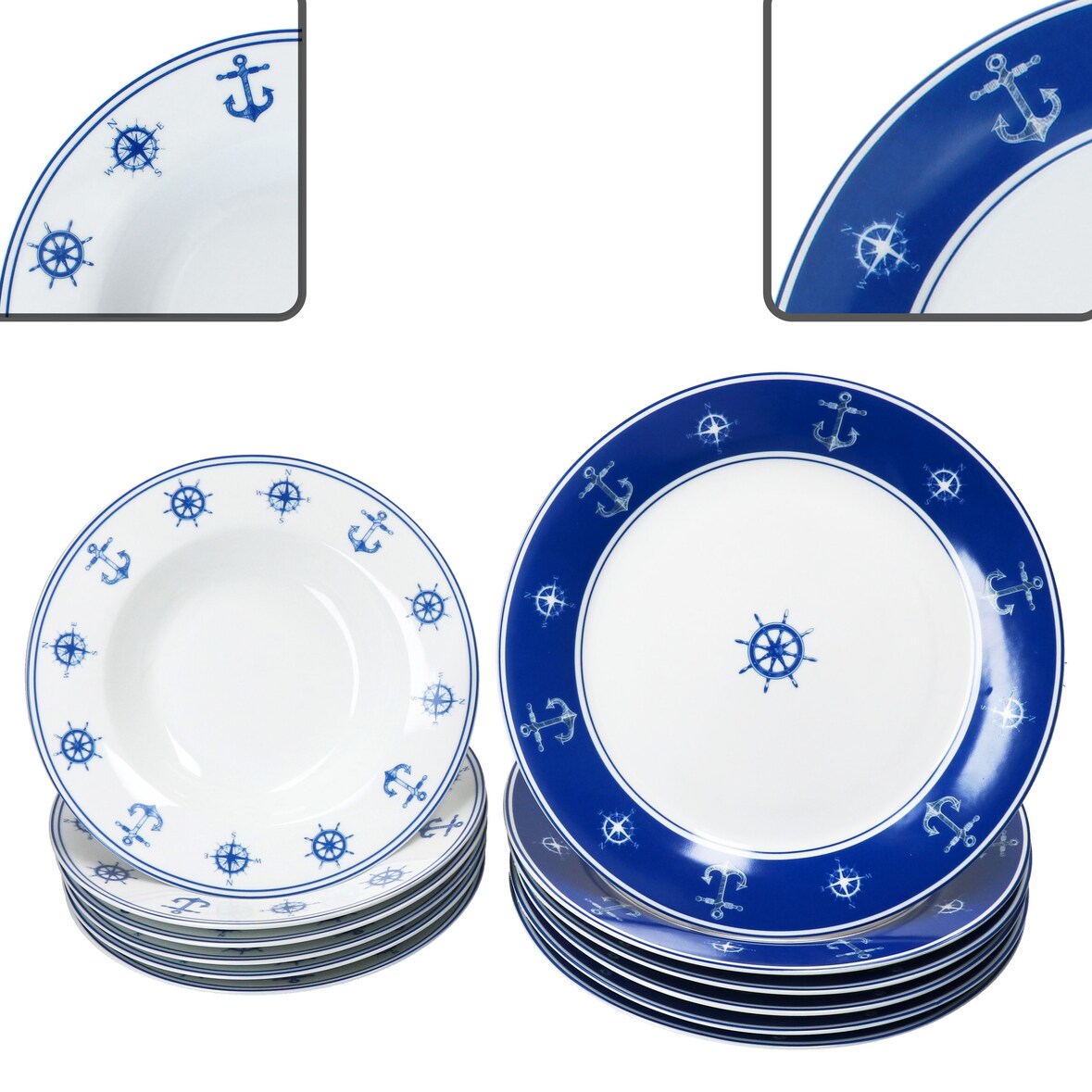 Ahoi 12tlg Tafelservice Porzellan 6 Pers Essteller Suppenteller Anker nautisch