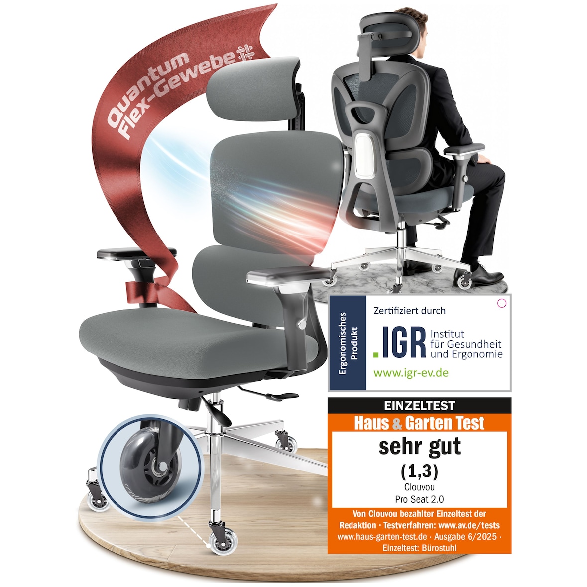 CLOUVOU ProSeat, ergonomischer Bürostuhl, thermoregulative Materialien, 4D-Armlehnen, 3D-Kopfstütze, BladeWheels, Anthrazit