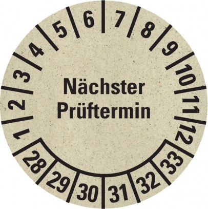 Dreifke® Prüfplakette Nächster Prüftermin 28-33, natur, Graspapier, Ø 30mm, 500 Stk.