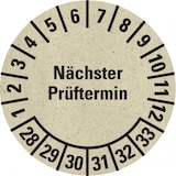 thumbnail of Dreifke® Prüfplakette Nächster Prüftermin 28-33, natur, Graspapier, Ø 30mm, 500 Stk.