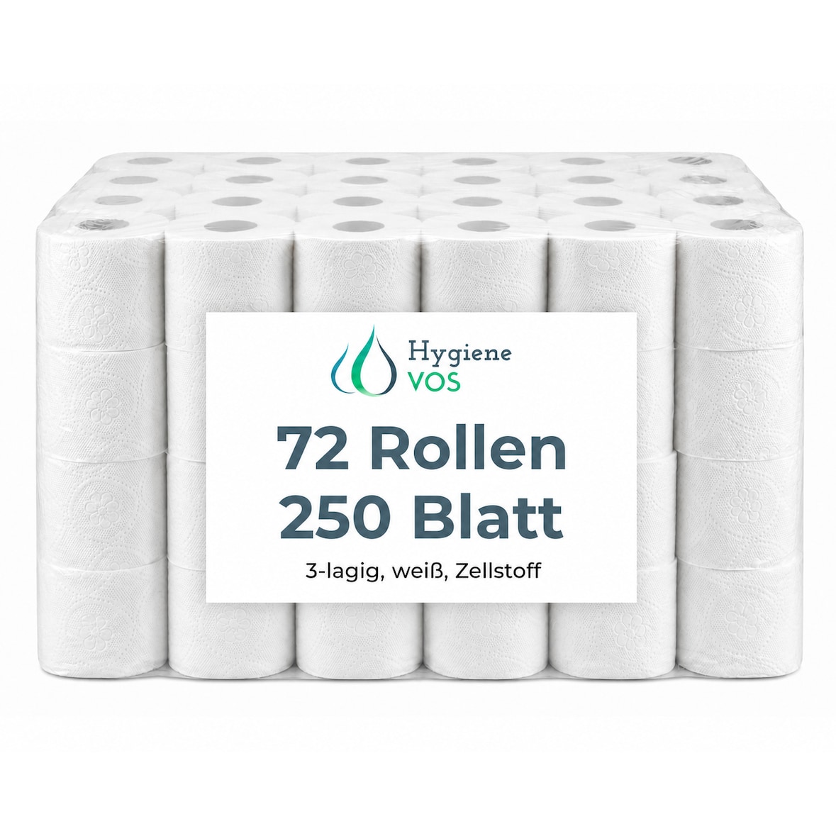Hygiene VOS Toilettenpapier 3-lagig, 72 Rollen, 250 Blatt, weiß, weich & reißfest – Frischzellstoff für Haushalt & Gewerbe