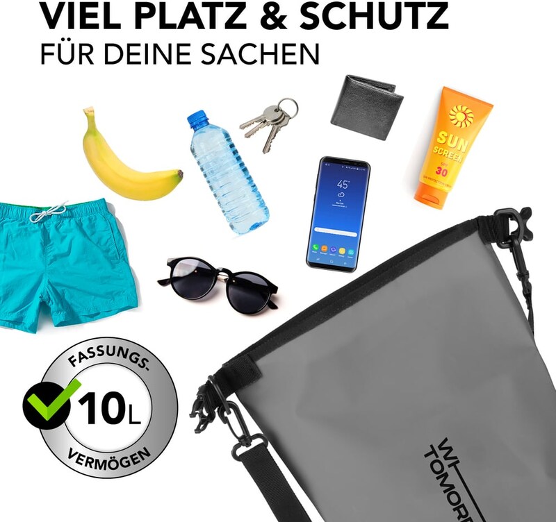 Ein grauer wasserdichter Beutel mit Zubehör.