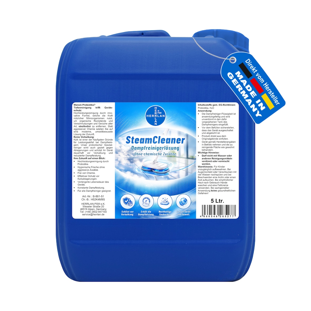 HERRLAN® SteamCleaner - 5 Liter HOCHLEISTUNGS Dampfreinigerlösung - CHEMIKALIENFREI - Probiotischer Reiniger für Dampfreiniger