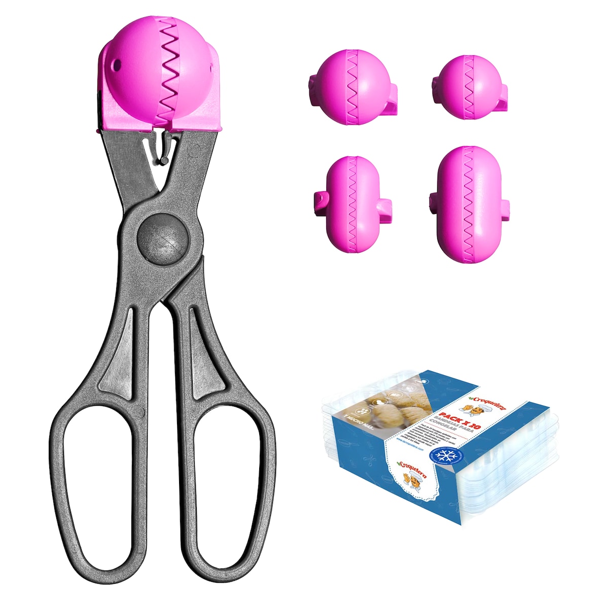 La Croquetera - Set mit multifunktionalem Utensil mit 4 austauschbaren Formen und 20 Aufbewahrungstabletts für Kroketten in Rosa