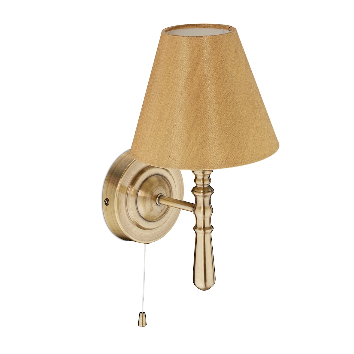 Relaxdays Wandlampe mit Schirm, innen, Zugschalter, Flur & Wohnzimmer, E14, Stoff, Metall, HxBxT: 28x16x19 cm, messing