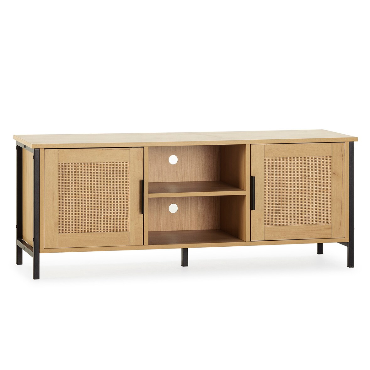 Meuble TV Cruz 2 Portes Couleur Chêne avec Rotin Naturel, 120 cm